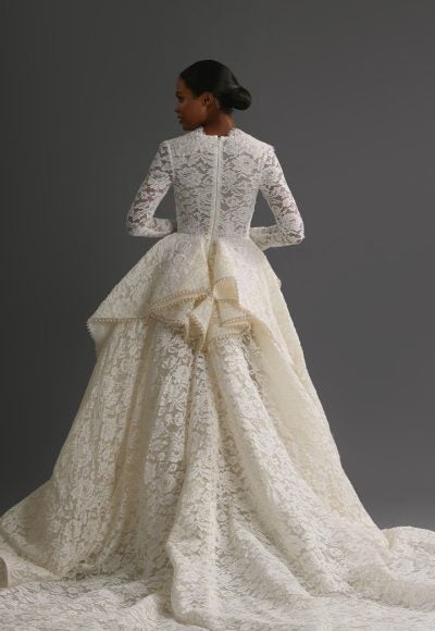 Regal And Dramatic Long Sleeve Lace Ball Gown With Peplum by Esé Azénabor - Image 2