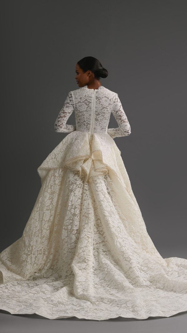 Regal And Dramatic Long Sleeve Lace Ball Gown With Peplum by Esé Azénabor - Image 2