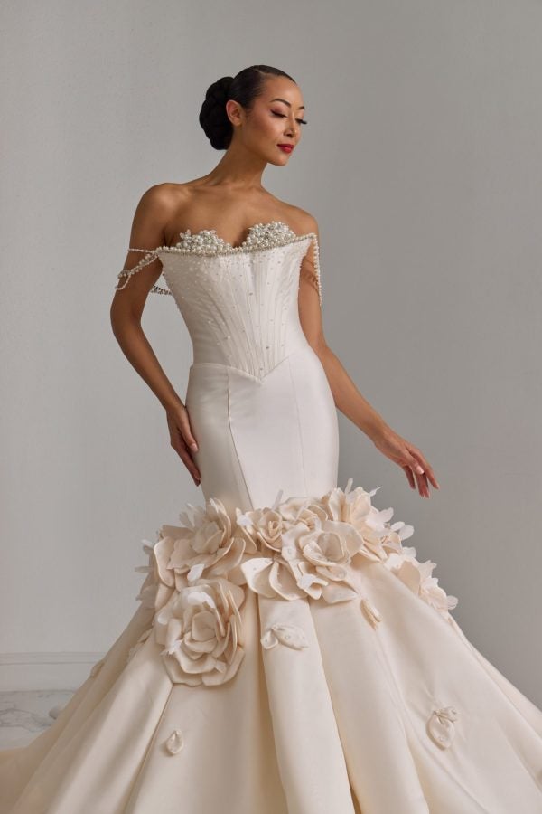 Dramatic Off-The-Shoulder Embellished Silk Mermaid Wedding Dress With 3D Florals by Esé Azénabor - Image 1