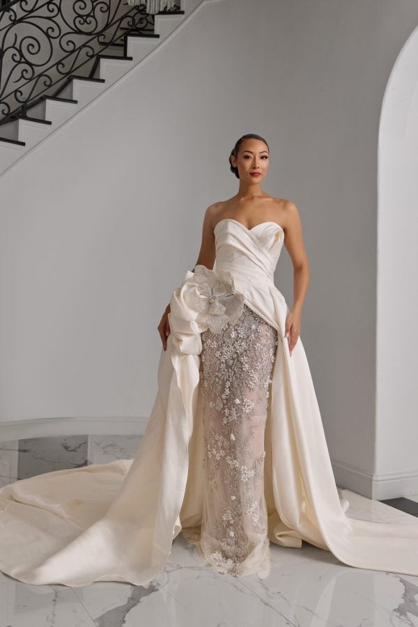 Couture Silk Sheath Wedding Dress With Overskirt And 3D Floral by Esé Azénabor - Image 1