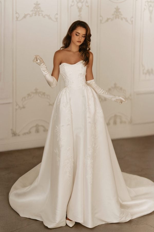 3D Floral Silk Fit-And-Flare Wedding Dress With Detachable Overskirt by Martina Liana - Image 4