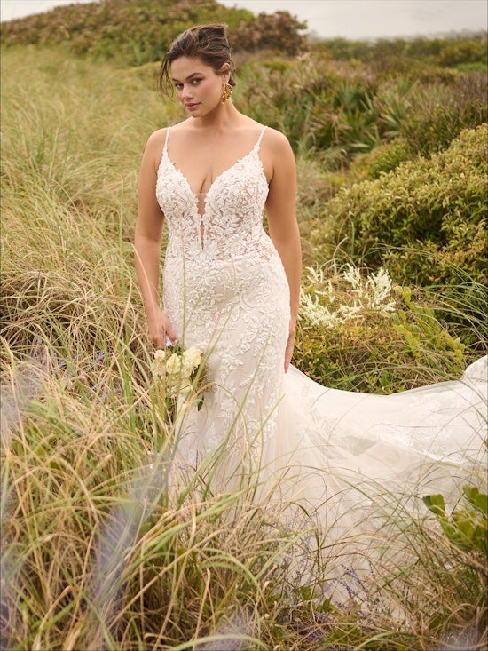 Plus-Size V-Neck Lace Fit-And-Flare Wedding Dress With Open Back And Buttons by Maggie Sottero - Image 1