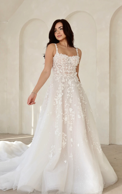 Romantic Square-Neck Floral A-Line Wedding Dress With Open Back by Martina Liana - Image 1