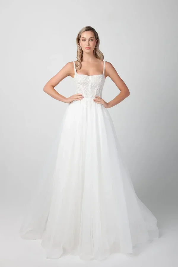 Chic And Modern Square-Neck Beaded Tulle A-Line Wedding Dress by Michelle Roth - Image 1