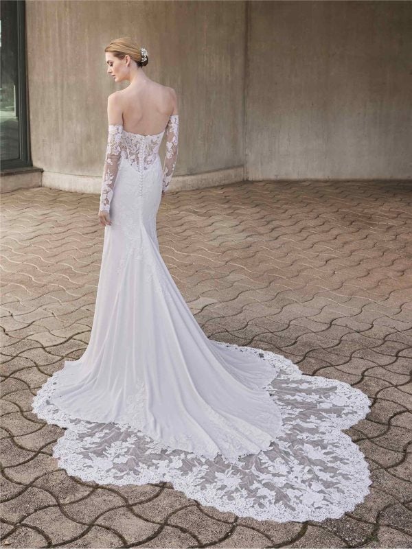 Sleek And Romantic Lace Sheath Wedding Dress With Detachable Sleeves by Pronovias - Image 3