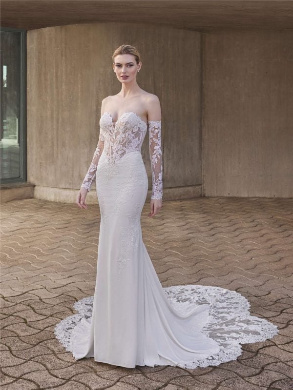 Sleek And Romantic Lace Sheath Wedding Dress With Detachable Sleeves by Pronovias - Image 1