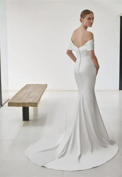 Simple Off-The-Shoulder Silk Sheath Wedding Dress With Buttons by Pronovias - Image 3