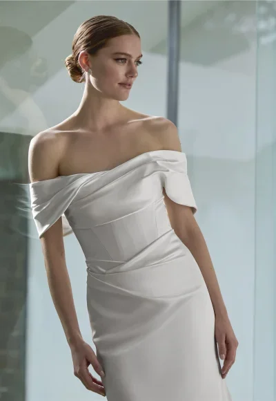 Simple Off-The-Shoulder Silk Sheath Wedding Dress With Buttons by Pronovias - Image 2