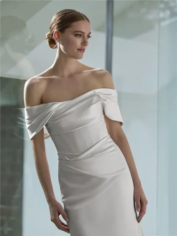 Simple Off-The-Shoulder Silk Sheath Wedding Dress With Buttons by Pronovias - Image 2