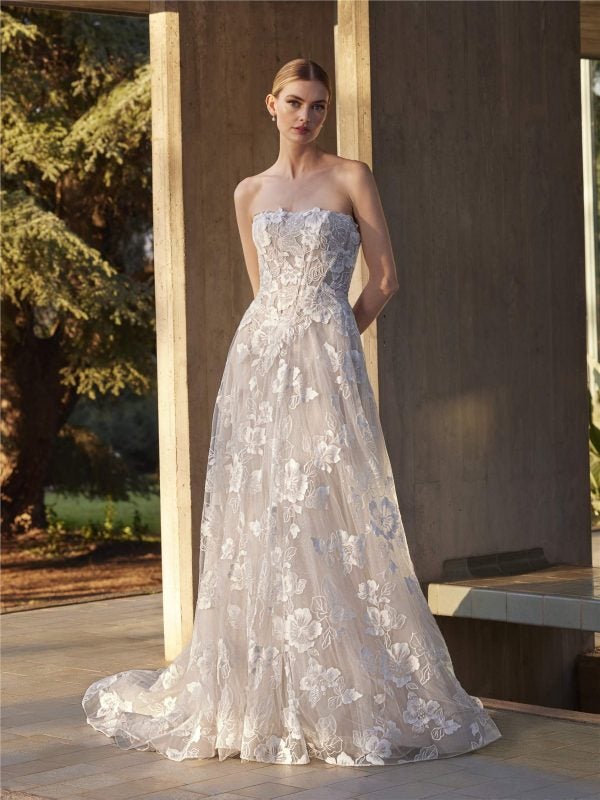 Romantic And Feminine Strapless Floral-Embroidered A-Line Wedding Dress by Pronovias - Image 1