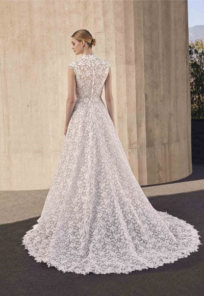 Romantic Square-Neck Floral Lace A-Line Wedding Dress With Detachable Topper by Pronovias - Image 3