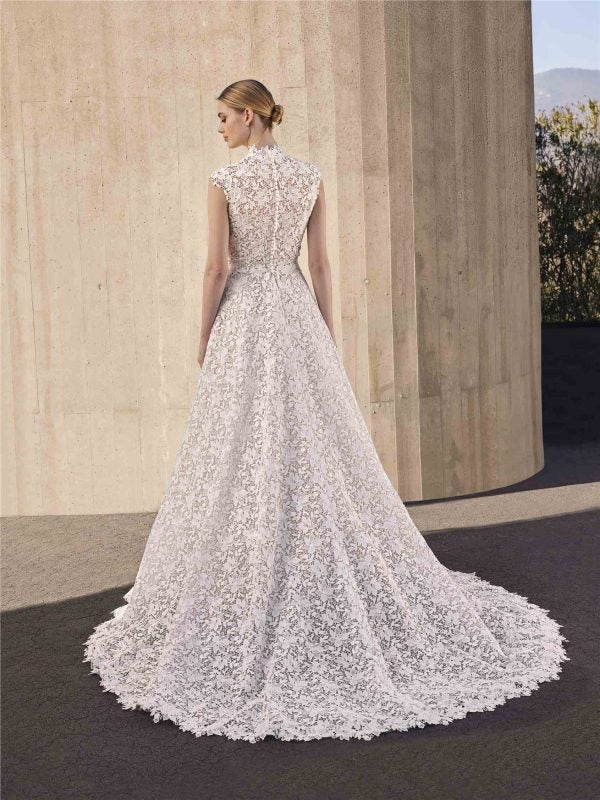 Romantic Square-Neck Floral Lace A-Line Wedding Dress With Detachable Topper by Pronovias - Image 3
