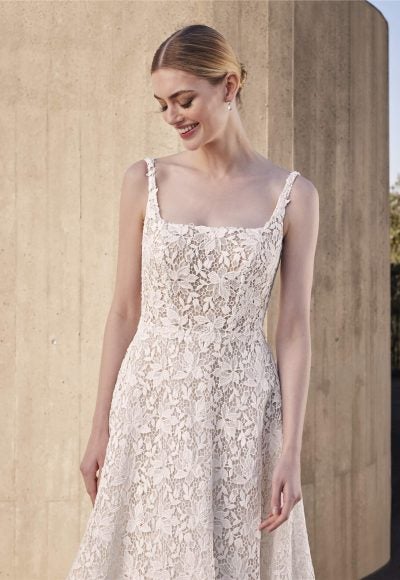 Romantic Square-Neck Floral Lace A-Line Wedding Dress With Detachable Topper by Pronovias - Image 2
