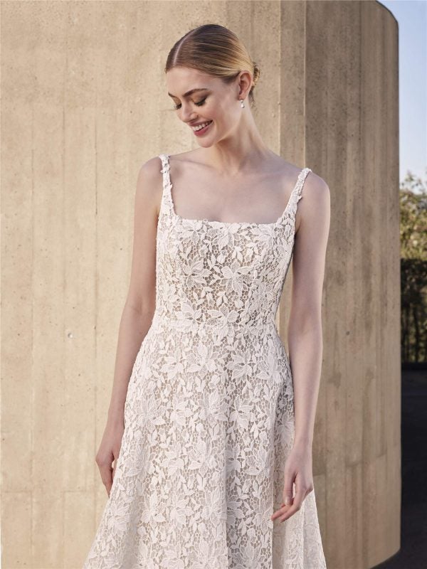 Romantic Square-Neck Floral Lace A-Line Wedding Dress With Detachable Topper by Pronovias - Image 2