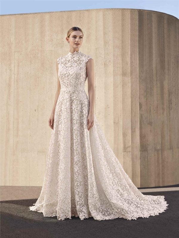 Romantic Square-Neck Floral Lace A-Line Wedding Dress With Detachable Topper by Pronovias - Image 1
