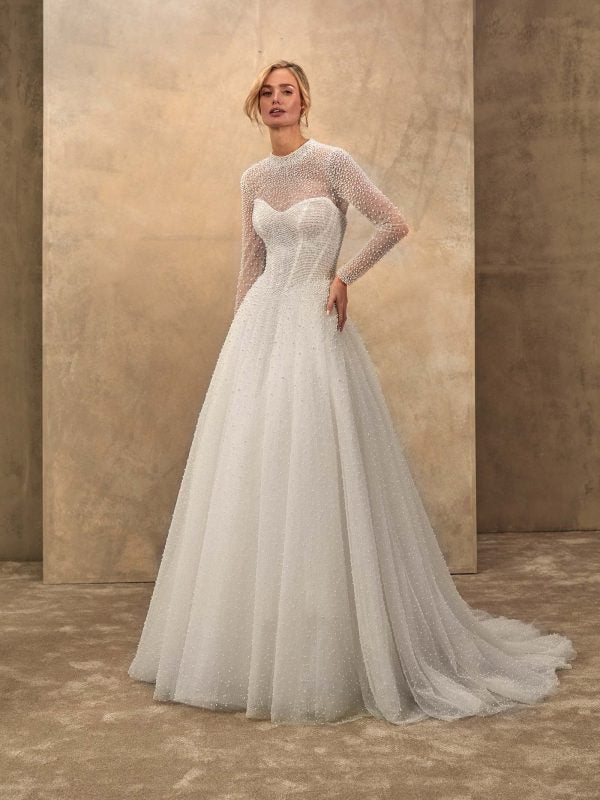Dramatic And Feminine Pearl-Embellished Tulle Ball Gown by Demetrios - Image 3