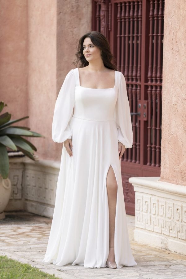 Plus-Size Silk Long Sleeve A-Line Wedding Dress With Slit by Allure Bridals - Image 1