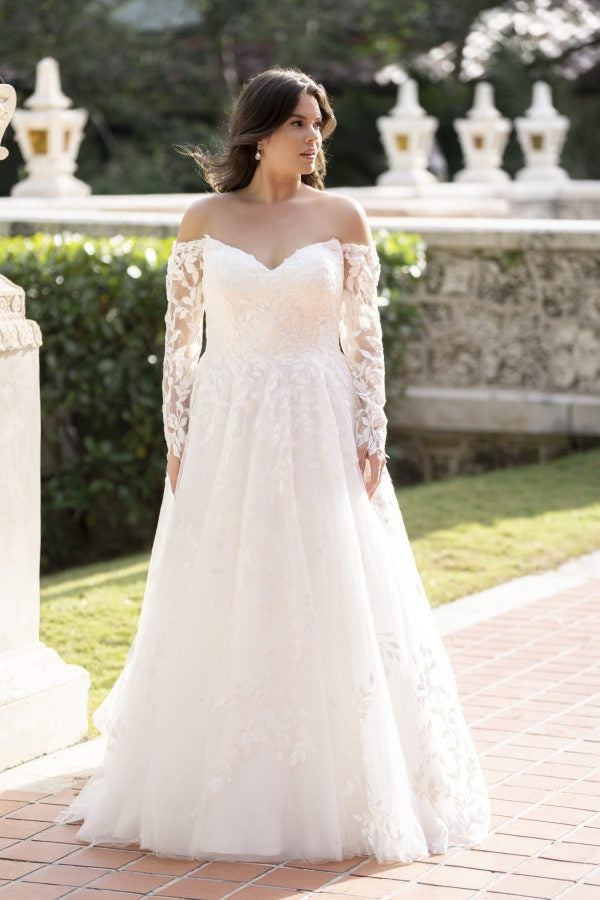 Plus-Size Off-The-Shoulder Long Sleeve Tulle A-Line Wedding Dress by Allure Bridals - Image 1