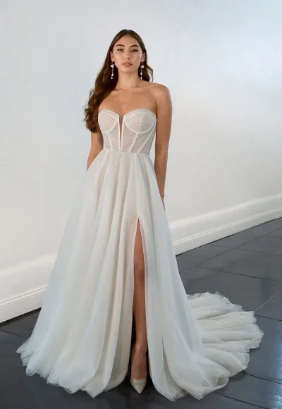 Strapless Tulle A-Line Wedding Dress With Detachable Puff Sleeves by Martina Liana - Image 2