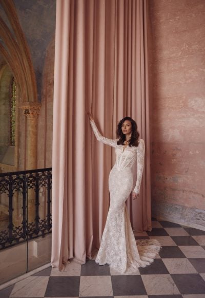 Plus-Size Long Sleeve Lace Sheath Wedding Dress With Pearl Buttons by Love by Pnina Tornai