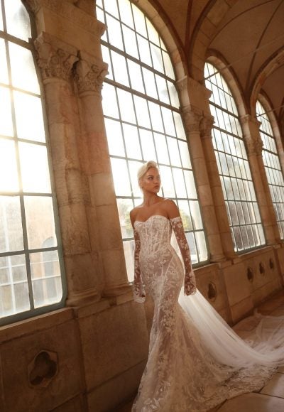 Sexy And Modern Floral-Embroidered Fit-And-Flare Wedding Dress With Detachable Sleeves by Love by Pnina Tornai