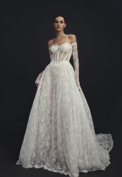 Romantic Embellished Lace Off-The-Shoulder Long Sleeve A-Line Wedding Dress by Love by Pnina Tornai