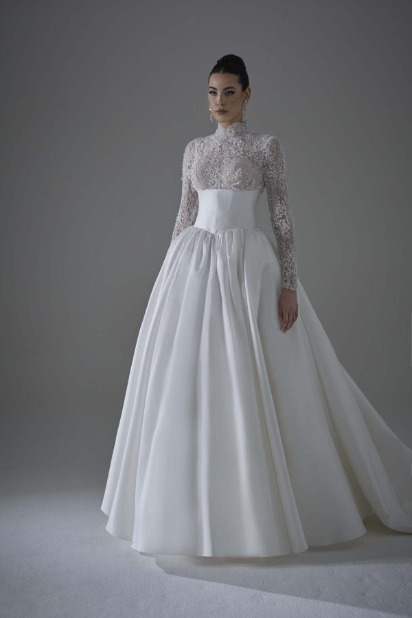 Chic And Regal High-Neck Long Sleeve Ball Gown With Buttons by Maison Signore - Image 1