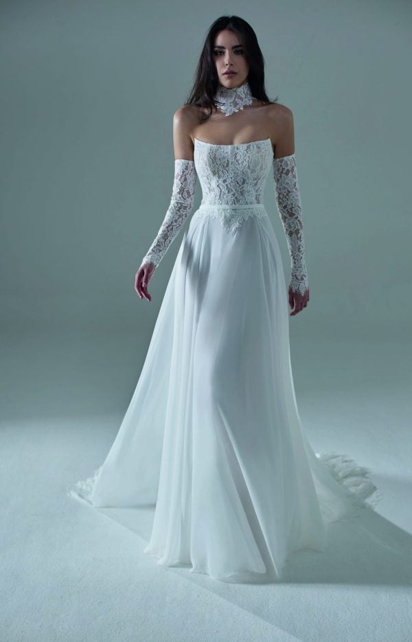 Elegant And Ethereal Lace And Chiffon A-Line Wedding Dress With Detachable Sleeves by Maison Signore - Image 1