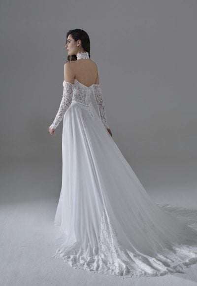 Elegant And Ethereal Lace And Chiffon A-Line Wedding Dress With Detachable Sleeves by Maison Signore - Image 2
