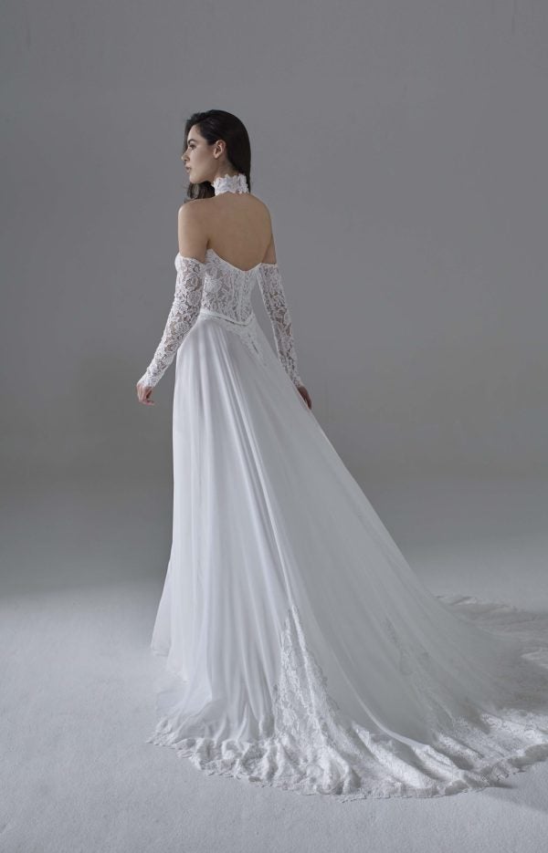 Elegant And Ethereal Lace And Chiffon A-Line Wedding Dress With Detachable Sleeves by Maison Signore - Image 2
