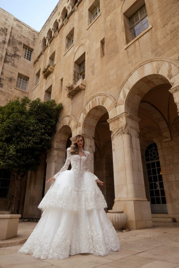 Dramatic Long Sleeve Lace And Silk Organza Ball Gown by Pnina Tornai - Image 1