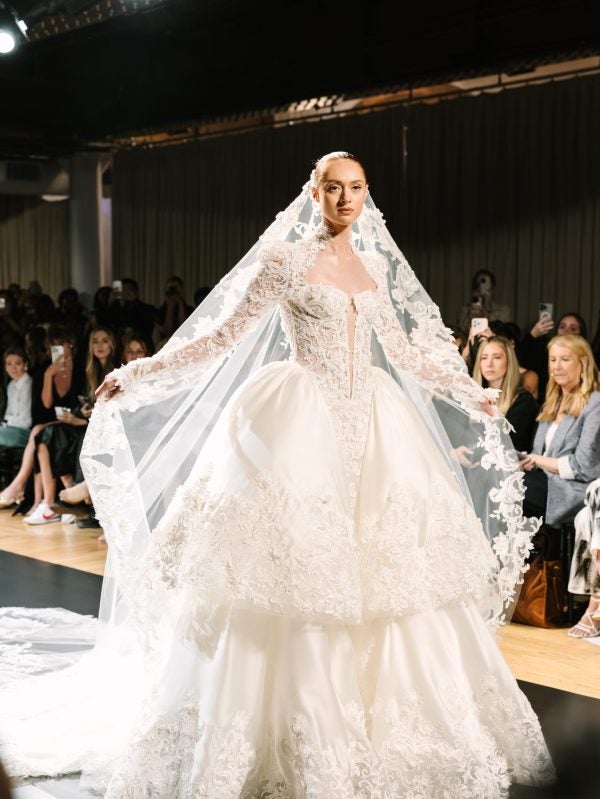 Dramatic Long Sleeve Lace And Silk Organza Ball Gown by Pnina Tornai - Image 3