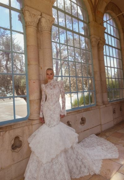 Chic And Romantic Lace High-Neck Long Sleeve Mermaid Wedding Dress by Pnina Tornai