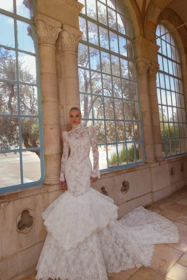 Chic And Romantic Lace High-Neck Long Sleeve Mermaid Wedding Dress by Pnina Tornai - Image 1
