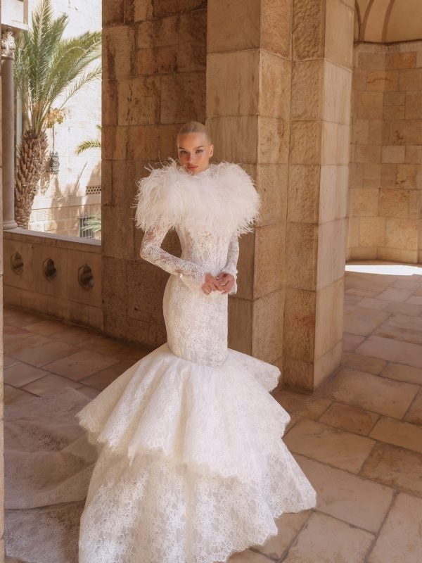Chic And Romantic Lace High-Neck Long Sleeve Mermaid Wedding Dress by Pnina Tornai - Image 3