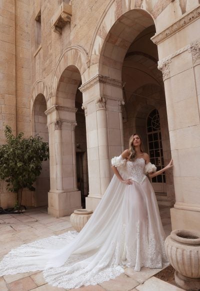 Romantic Strapless Lace And Silk Organza A-Line Wedding Dress With Cape by Pnina Tornai
