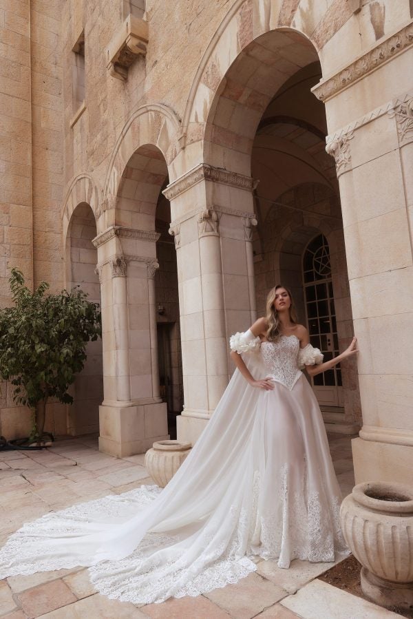 Romantic Strapless Lace And Silk Organza A-Line Wedding Dress With Cape by Pnina Tornai - Image 1