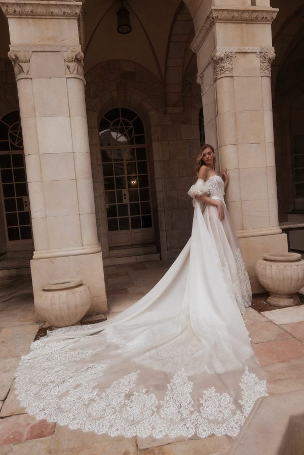 Romantic Strapless Lace And Silk Organza A-Line Wedding Dress With Cape by Pnina Tornai - Image 2
