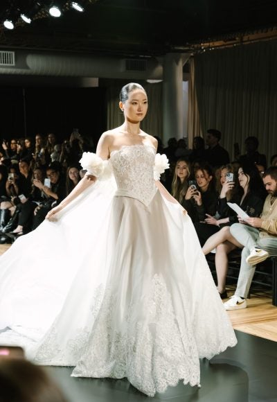 Romantic Strapless Lace And Silk Organza A-Line Wedding Dress With Cape by Pnina Tornai - Image 3