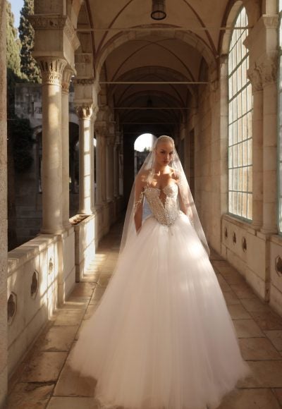Sparkly Strapless Basque-Waist Tulle Ball Gown by Pnina Tornai