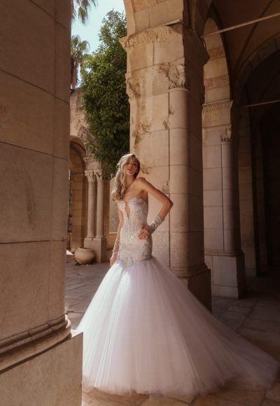 Sparkly Strapless Basque-Waist Tulle Mermaid Wedding Dress by Pnina Tornai