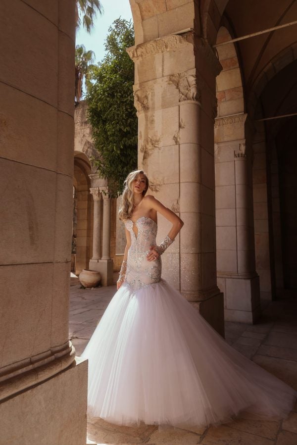 Sparkly Strapless Basque-Waist Tulle Mermaid Wedding Dress by Pnina Tornai - Image 1