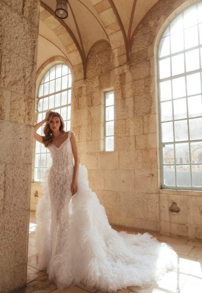 Embellished Lace Sheath Wedding Dress With Detachable Train by Pnina Tornai