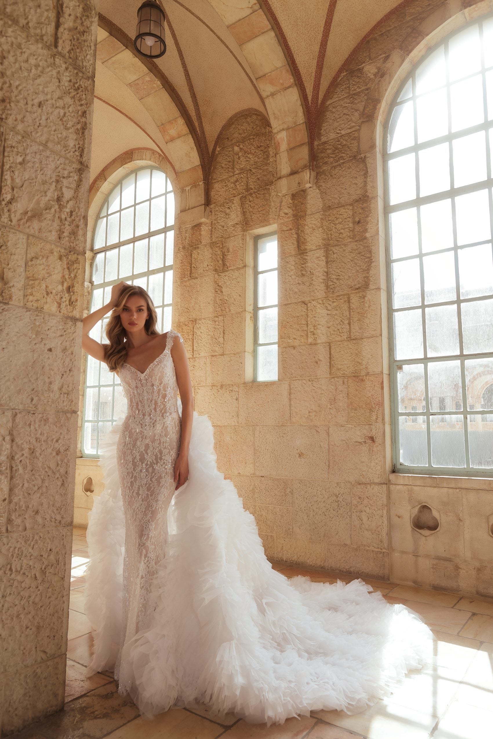 Embellished Lace Sheath Wedding Dress With Detachable Train