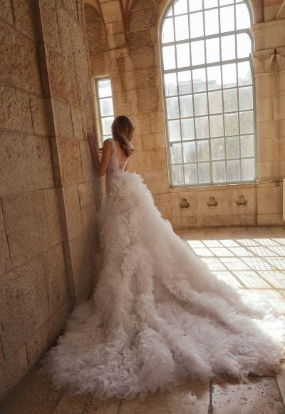 Embellished Lace Sheath Wedding Dress With Detachable Train by Pnina Tornai - Image 3