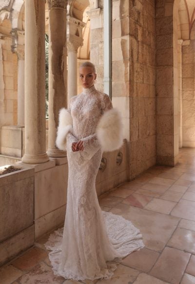 Chic And Romantic High-Neck Long Sleeve Lace Sheath Wedding Dress by Pnina Tornai - Image 2