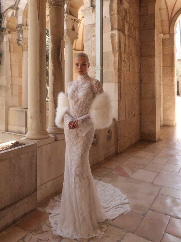 Chic And Romantic High-Neck Long Sleeve Lace Sheath Wedding Dress by Pnina Tornai - Image 2