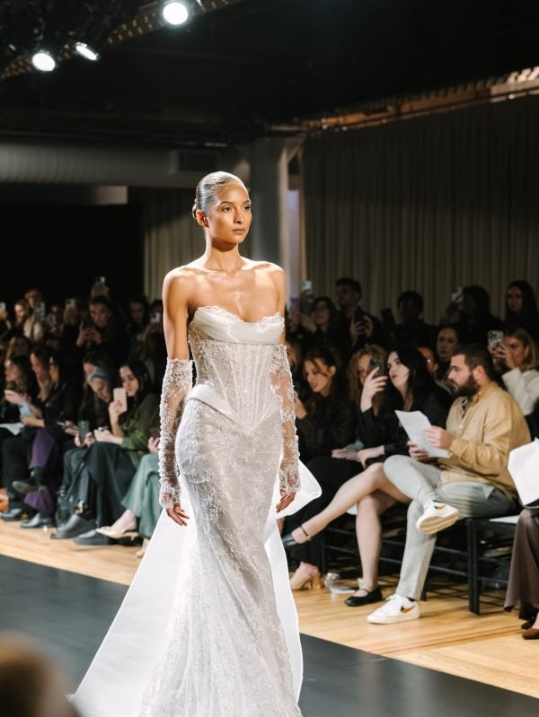 Romantic And Modern Embellished Lace Sheath Wedding Dress With Bow by Pnina Tornai - Image 1