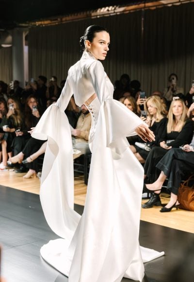 Minimalist Satin Fit-And-Flare Wedding Dress With Corset Bodice And Detachable Bolero by Pnina Tornai - Image 2