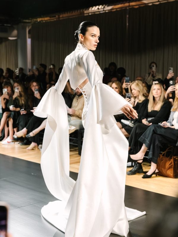 Minimalist Satin Fit-And-Flare Wedding Dress With Corset Bodice And Detachable Bolero by Pnina Tornai - Image 2